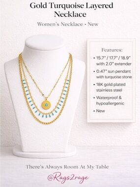Gold Turquoise Layered Sun Pendant Necklace Waterproof Stainless Steel